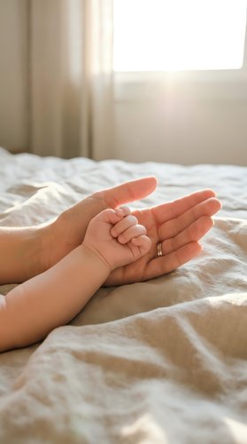 Tender moment of parent holding baby hand on bed with soft morning light streaming through window creating warm intimate family bonding scene.