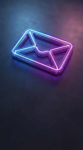 Glowing neon email envelope icon with blue and purple gradient lighting effects on dark background for digital communication and marketing concepts.