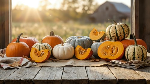 Autumn harvest display of fresh pumpkins and squash varieties on rustic wooden table with warm sunlight streaming through window for seasonal decor.