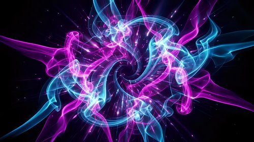 Abstract energy swirl with vibrant pink and blue plasma waves creating dynamic spiral motion against dark starry background for digital art projects.