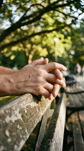 Elderly hands clasped together resting on a weathered wooden park bench, surrounded by lush green trees in soft bokeh sunlight.