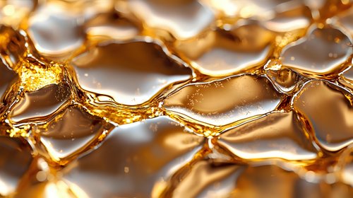 Golden honeycomb cells in extreme macro photography showing liquid honey texture and natural geometric pattern with light reflections and amber glow.
