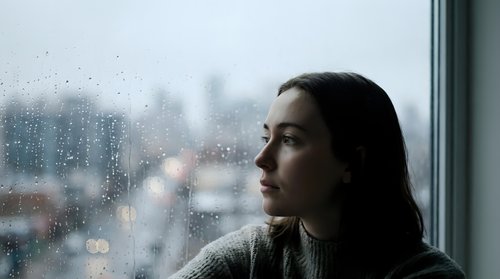 Young woman gazing thoughtfully through rain-covered window with city lights blurred in background, conveying solitude and contemplation indoors.
