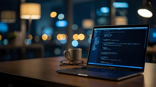 Laptop with code on screen and coffee cup on wooden desk in modern office with blurred city lights background for programming and development work.