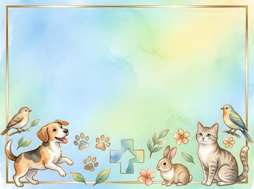 Cute dog, cat, rabbit, and birds with paw prints and flowers on watercolor background. Isolated design element for pet-related projects, greeting cards, and children's illustrations.