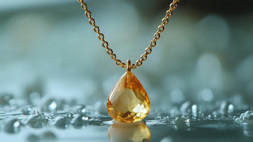 Golden citrine teardrop pendant on delicate chain necklace against sparkling water droplets background, macro jewelry photography with soft bokeh effect.