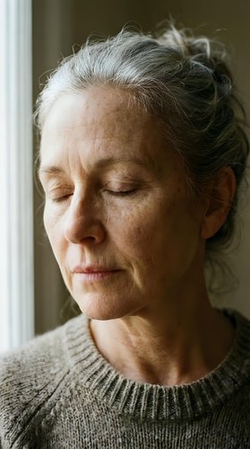 Mature woman with gray hair and freckles wearing beige sweater, eyes closed in peaceful expression near window with natural light for wellness and lifestyle content.