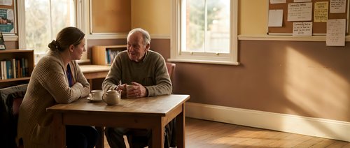 Senior Caucasian man and middle-aged woman having warm conversation at wooden table in sunlit room with books and certificates on walls.
