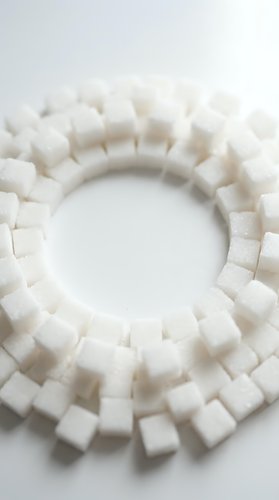 White sugar cubes arranged in a circular frame on isolated background, suitable for food photography, nutrition concepts, sweetener advertising, and culinary design projects.