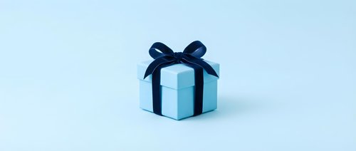 Light blue gift box with navy ribbon bow on clean white background isolated for holiday greeting cards and celebration designs.