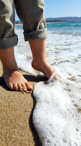 Child's bare feet standing in shallow ocean waves on sandy beach with rolled-up denim pants, enjoying summer vacation and coastal leisure activities.