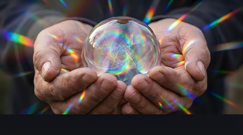 Hands holding transparent crystal ball with rainbow light reflections creating magical prismatic effects for spiritual meditation concepts.