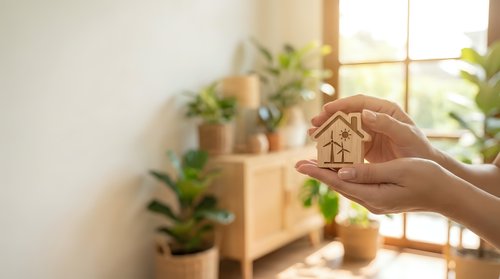 Hands holding wooden house model in bright modern interior with green plants for real estate and home protection concept.