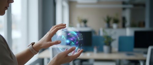 Professional woman holding glowing digital globe with network connections in modern office environment showcasing global business technology and connectivity.