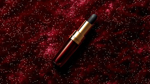 Luxury cosmetic dropper bottle on dark red glittery background with sparkles and shimmer effect. Premium skincare product photography for beauty advertising.
