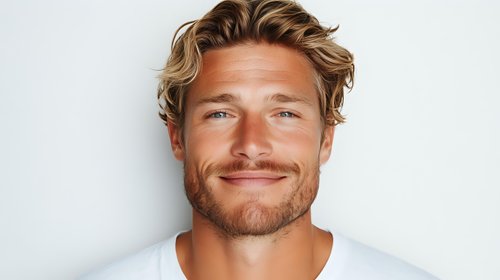 Confident young Caucasian man with blonde wavy hair and beard wearing white t-shirt smiling genuinely against light background, expressing positive attitude and friendliness.