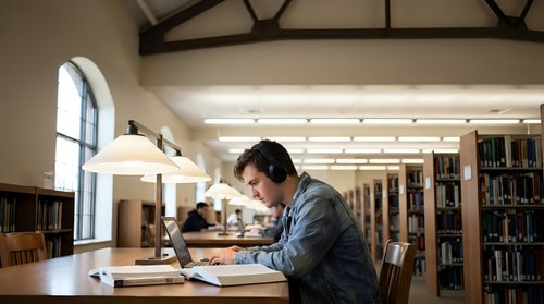 Young Asian male student studying with laptop and books in quiet university library with wooden tables and bookshelves in background.