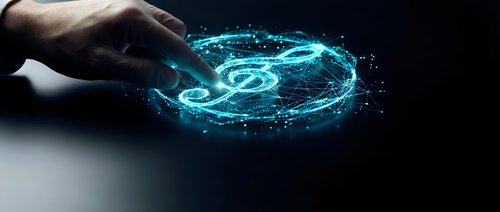 Hand touching glowing turquoise digital target symbol with particle effects on dark background, representing technology, data analysis, and business strategy concepts.