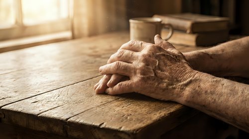 Elderly hands folded in prayer on wooden table with warm sunlight streaming through window creating peaceful spiritual moment for meditation and faith.