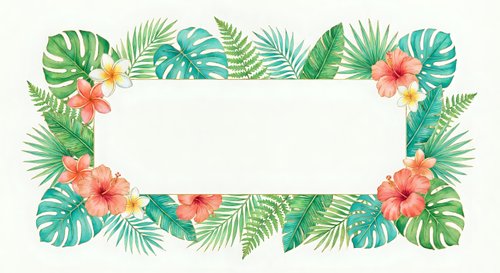 Tropical frame with hibiscus flowers and palm leaves on white background. Summer border design for invitations, cards and decorations.