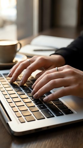 Professional hands typing on laptop keyboard in modern office workspace with coffee cup and notebook for remote work and productivity.