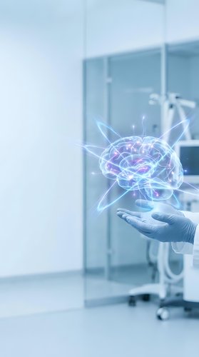 Medical professional holding holographic brain model with neural networks in modern healthcare facility for neuroscience research and diagnosis.