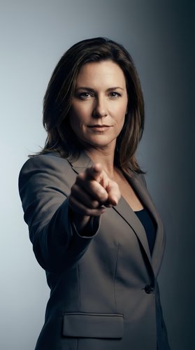 Confident businesswoman in gray suit pointing finger at camera with determined expression against gradient background for corporate leadership concepts.