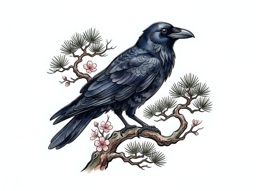 Dark blue crow perched on twisted branch with delicate pink flowers and spiky green foliage. Isolated botanical illustration for design, clipart, and decorative projects.
