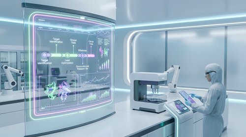 Futuristic laboratory with scientist using holographic interface and advanced medical equipment in sterile white environment for research applications.
