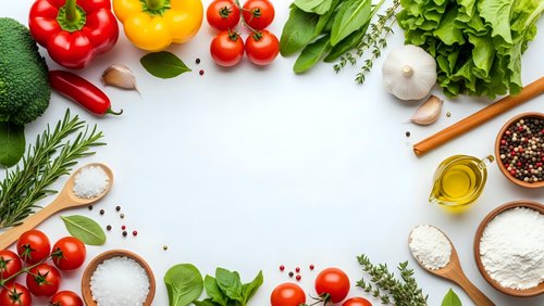 Fresh organic vegetables and herbs arranged as cooking ingredients frame on white background with copy space for culinary recipes and healthy meal preparation.