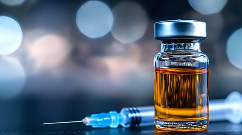 Medical vial with amber liquid and syringe on blurred bokeh background, dramatic lighting creates modern pharmaceutical atmosphere for healthcare concepts.