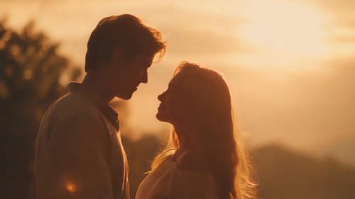 Romantic couple silhouette at golden hour sunset sharing intimate moment together in warm evening light with soft bokeh background for love concepts.