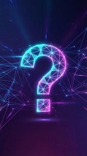 Neon question mark glowing with cyan and magenta light on futuristic digital network background with geometric connections for technology concepts.