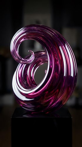 Purple glass sculpture with flowing spiral curves on black pedestal against dark background for modern interior design and contemporary art displays.