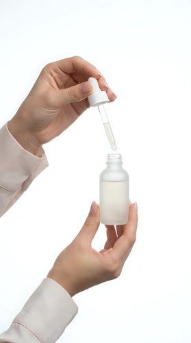 Hands holding dropper bottle with serum or oil, skincare routine application, cosmetic product use isolated on white background for beauty design.
