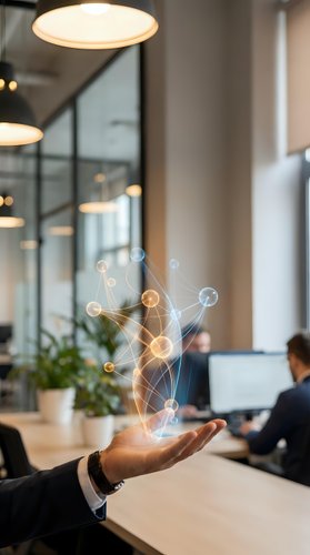 Businessman holding glowing digital network nodes and connected lines above palm in modern office workspace with colleagues and computers in background for technology and innovation concepts.