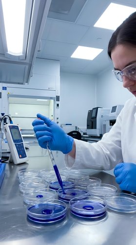 Female scientist in white lab coat and safety glasses conducting research with pipette and petri dishes in modern laboratory facility.
