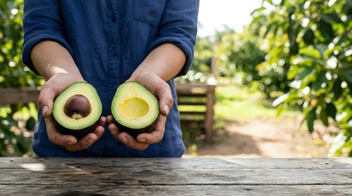 Farmer holding halved fresh avocado with pit and flesh visible in orchard garden setting, showcasing organic produce harvesting and agriculture for farming, food, and healthy eating concepts.
