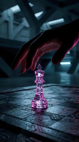 Hand reaching for glowing purple chess king piece on futuristic board with neon lighting effects for strategic business and leadership concepts.