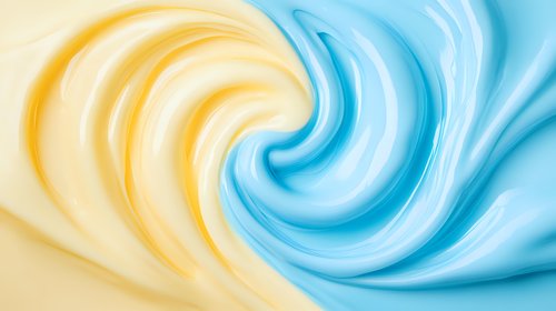 Smooth swirling waves of yellow and blue create dynamic abstract background pattern with soft gradient texture for creative design projects.