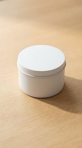 White round cosmetic jar container on wooden surface for skincare cream lotion product packaging mockup branding design.