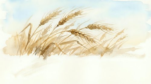 Watercolor wheat field with golden grain stalks swaying in breeze, soft pastel tones creating peaceful rural agricultural scene for organic farming concepts.