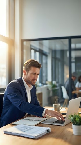 Focused businessman working on laptop in modern office space with natural lighting and glass partitions for productivity and corporate success.