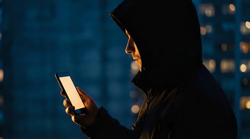 Hooded person using smartphone at night in urban setting with city lights creating atmospheric bokeh background for technology and privacy concepts.