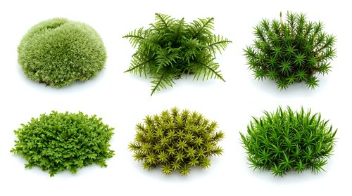 Collection of realistic moss and fern plants isolated on white background for nature design projects and landscaping concepts.