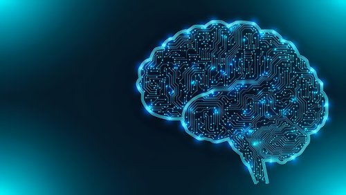 Digital brain with glowing blue circuit patterns and neural networks on dark background for technology and artificial intelligence concepts.