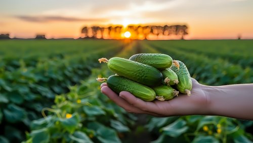 Fresh organic cucumbers held in hands at sunset over green agricultural field with golden sky background for healthy farming and harvest concepts.