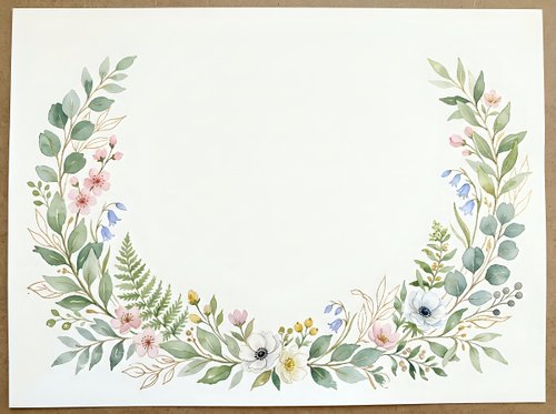 Watercolor floral wreath frame with eucalyptus leaves and wildflowers on textured paper background for wedding invitations and greeting cards.