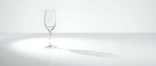 Empty champagne flute glass on white background with soft shadow, minimalist elegant glassware for celebrations and special occasions.