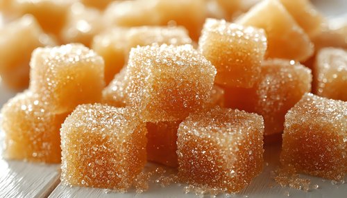 Crystallized sugar cubes coated in fine granulated sugar create sweet amber-colored candy pieces scattered on wooden surface, macro food photography.